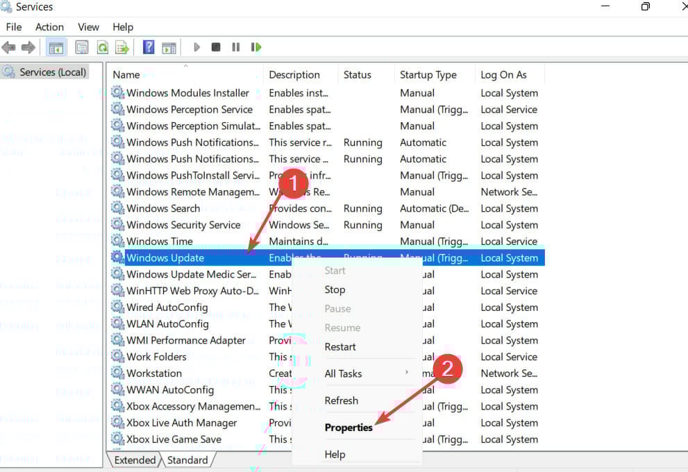 Свойства службы «Центр обновления Windows»