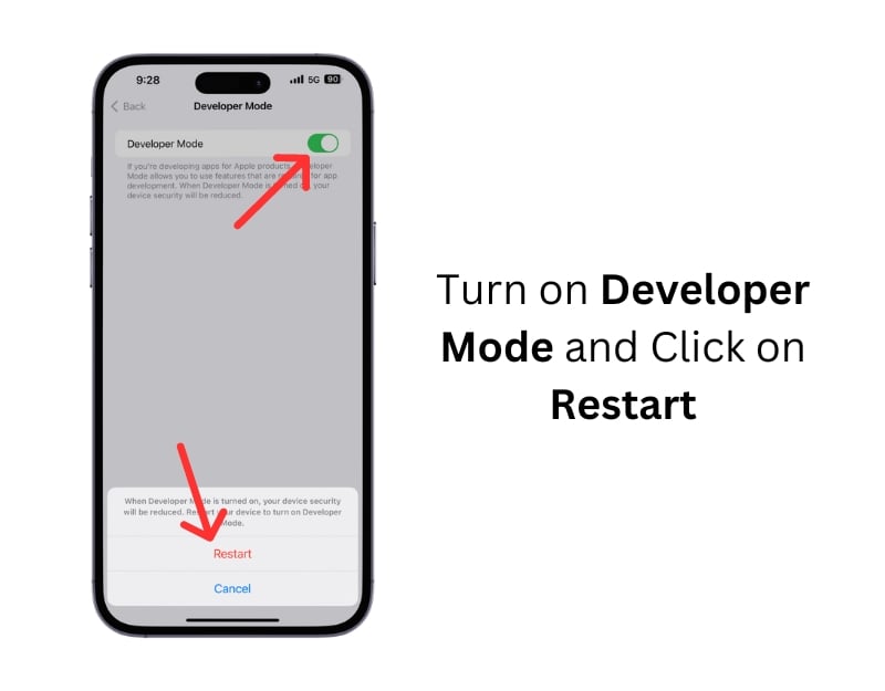 Включение режима разработчика и перезагрузка iPhone