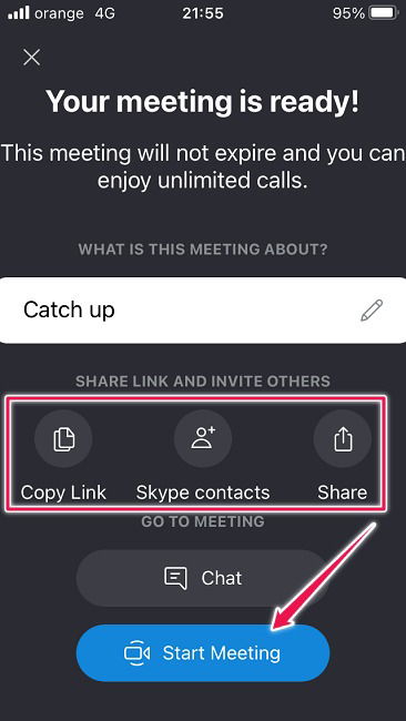 iOS Skype: экран 'Ваша встреча готова'