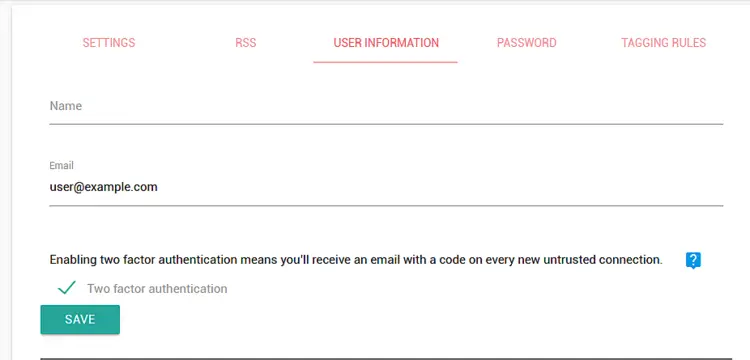 Параметры Wallabag — двухфакторная аутентификация