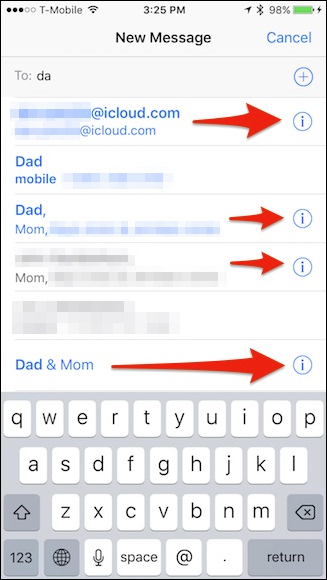 Пример списка предложений в iMessage с кнопкой информации