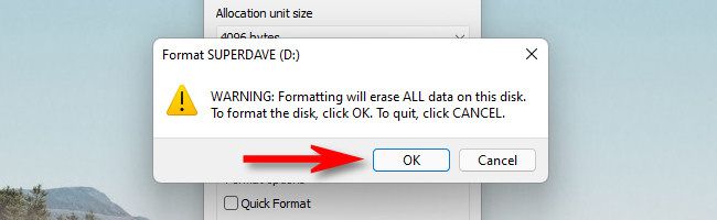 Подтвердите предупреждение, нажав «OK».