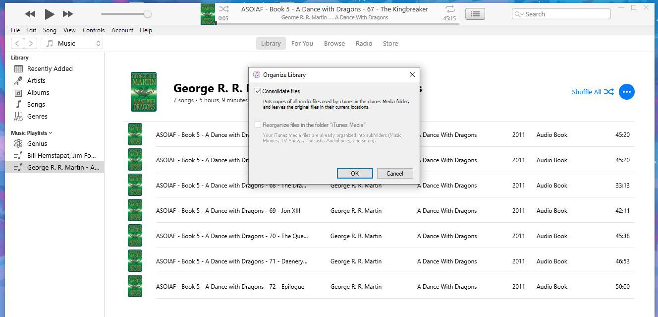 Процесс консолидации медиатеки iTunes для файлов iPod Nano