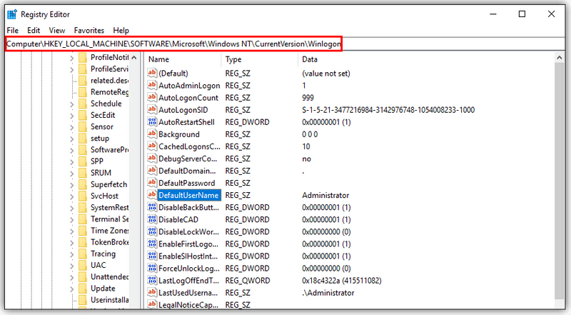 Строковые значения DefaultUserName и DefaultPassword в реестре