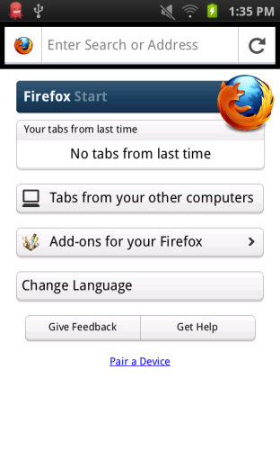 Firefox на мобильном устройстве: экран со списком вкладок и закладок