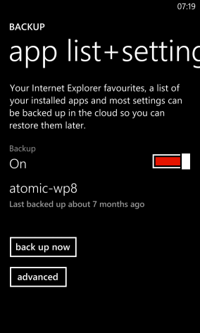 Экран «Резервное копирование» в Windows Phone с параметрами резервного копирования приложений
