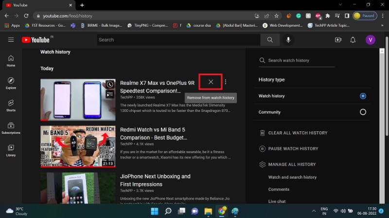 Скриншот: удаление отдельного видео из истории на сайте YouTube