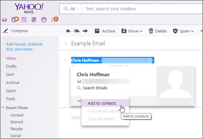 Наведите курсор на отправителя и нажмите «Add to contacts» в Yahoo! Mail.