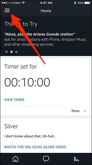 Меню приложения Alexa