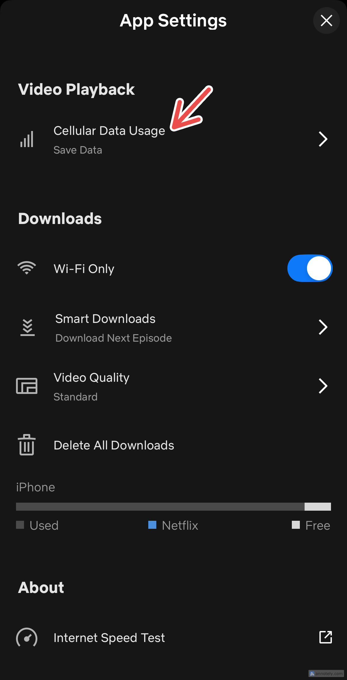 Настройки воспроизведения видео для мобильных данных в приложении Netflix.