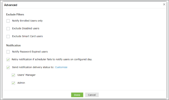 Дополнительные параметры уведомлений в ADSelfService Plus: фильтры и локализация шаблонов
