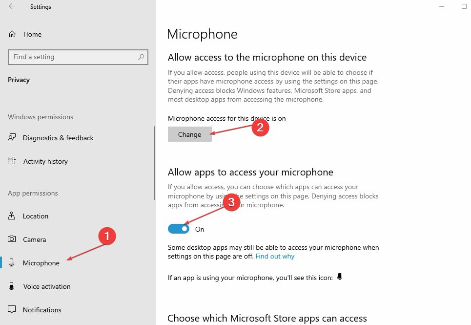 Разрешение доступа к микрофону в Windows — переключатель включён