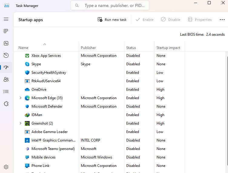 Schermata risorse e avvio applicazioni in background