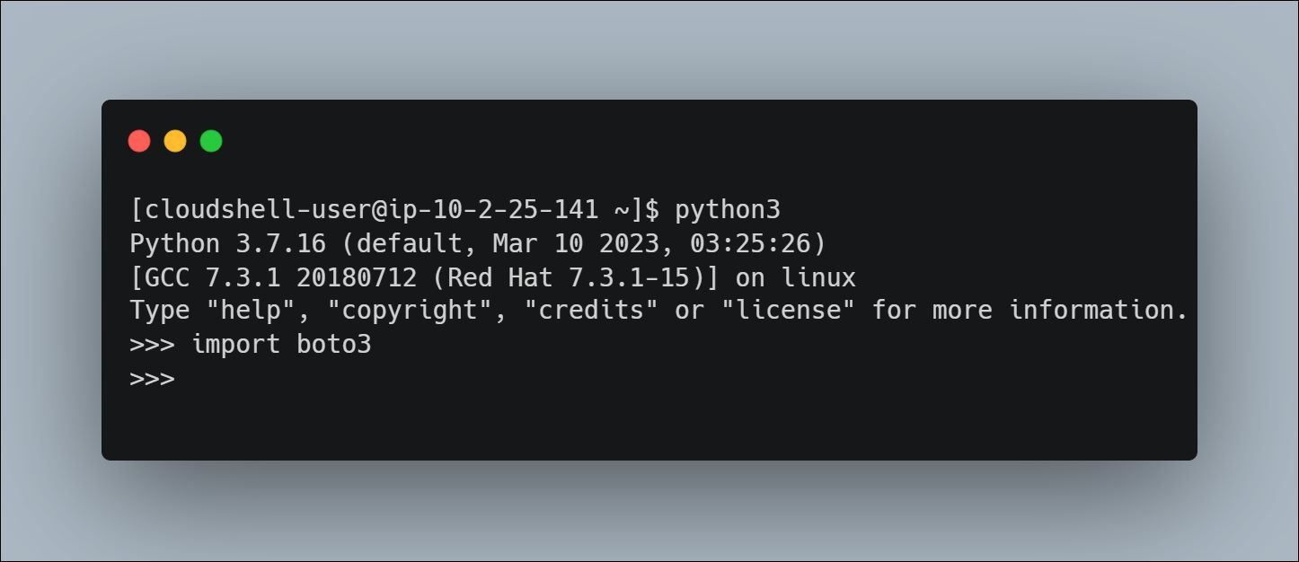 Импорт boto3 в интерпретатор Python — вывод в терминале