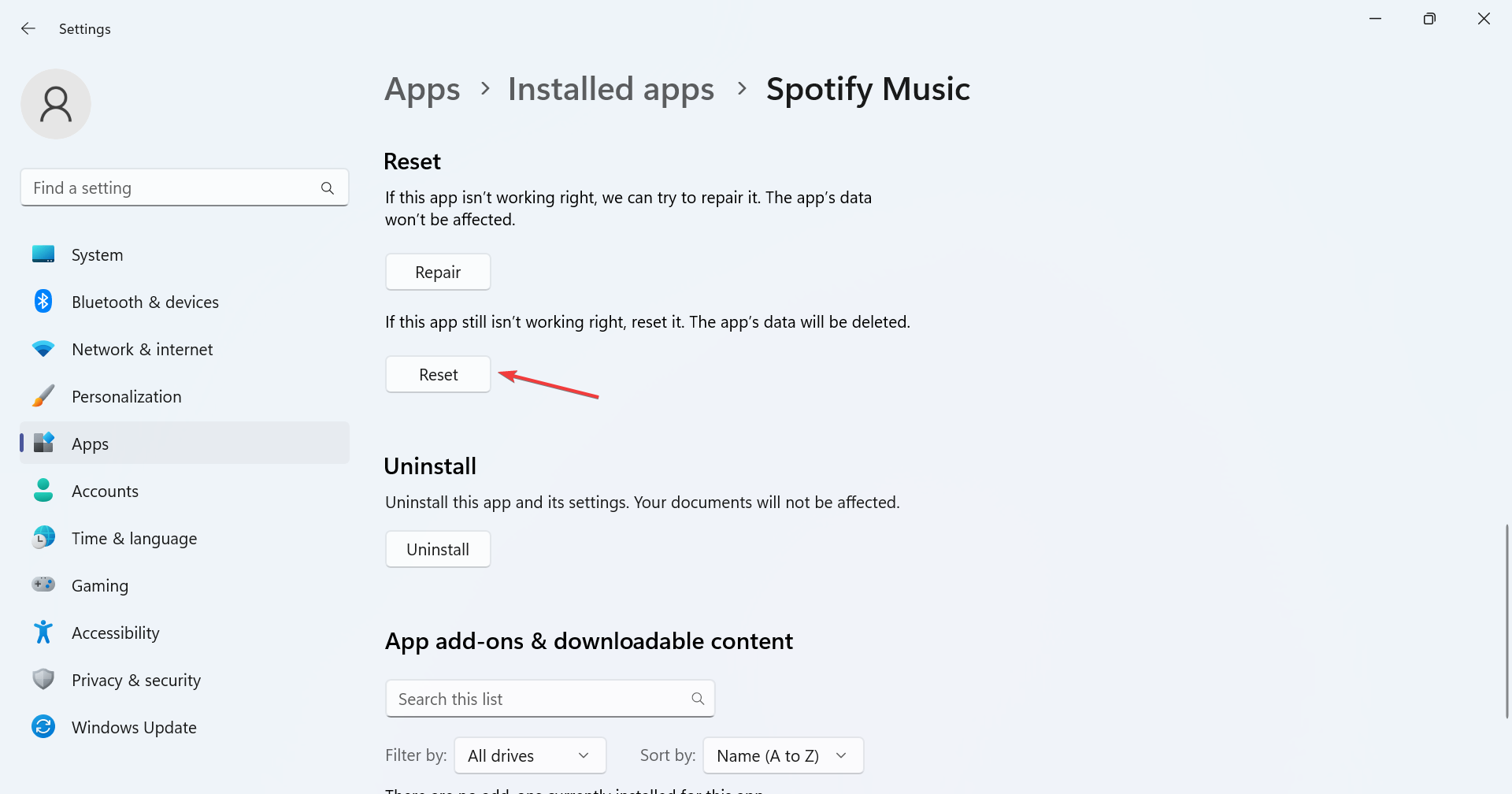 Сброс приложения Spotify
