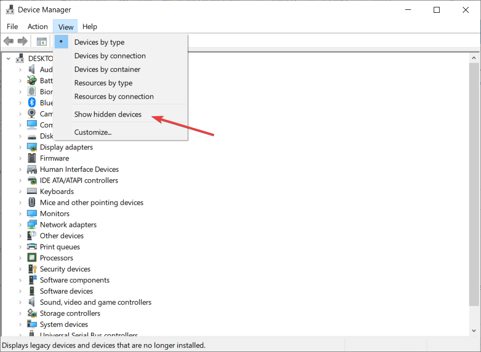 Показать скрытые устройства в Диспетчере устройств
