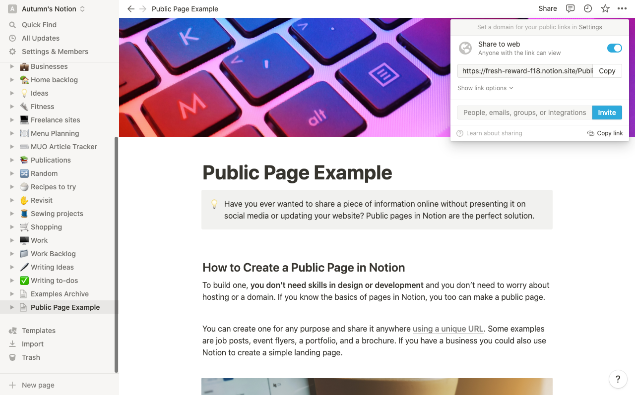 Скриншот страницы с открытым меню общего доступа