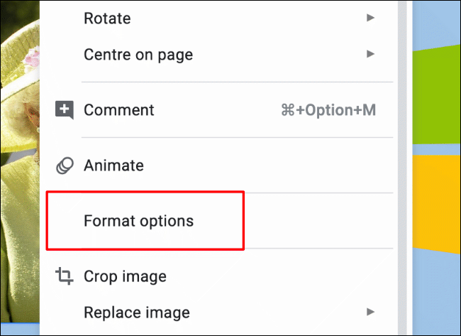 Открытие параметров форматирования изображения в Google Slides: Параметры форматирования