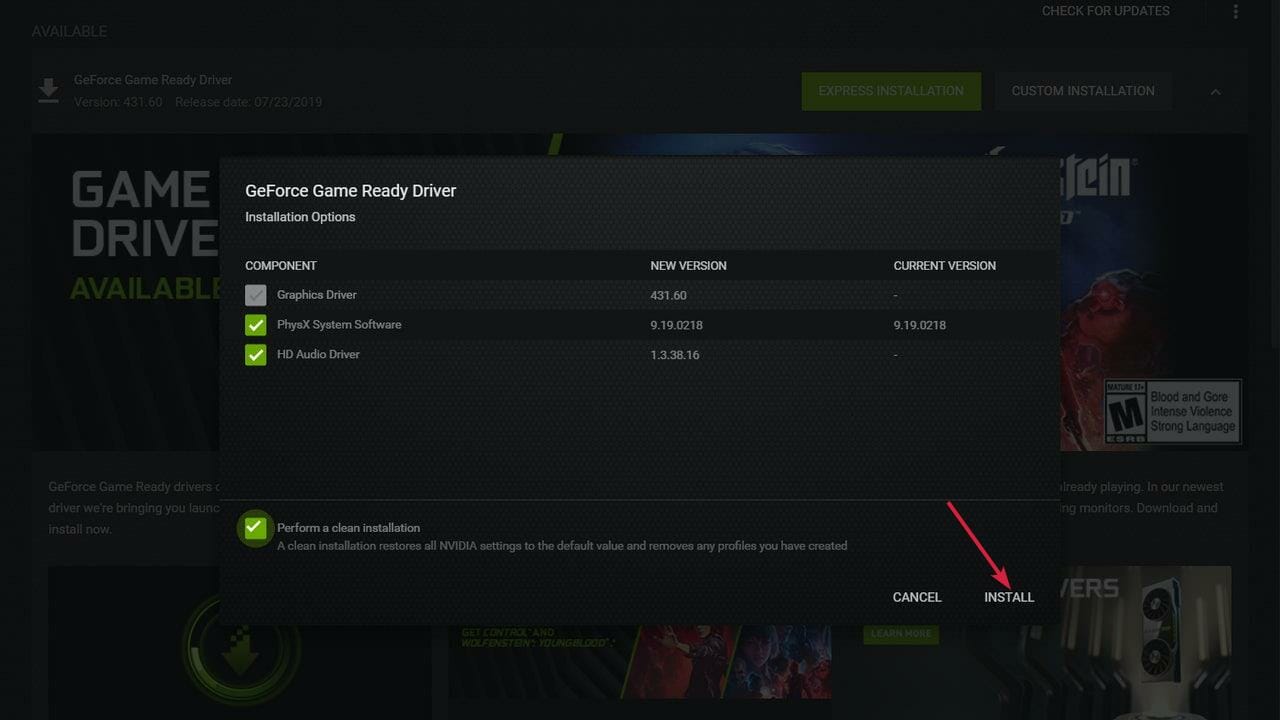 Опция переустановки драйвера в GeForce Experience