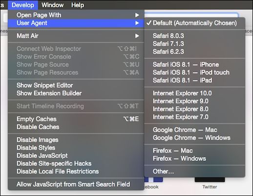 Меню User Agent с вариантами браузеров