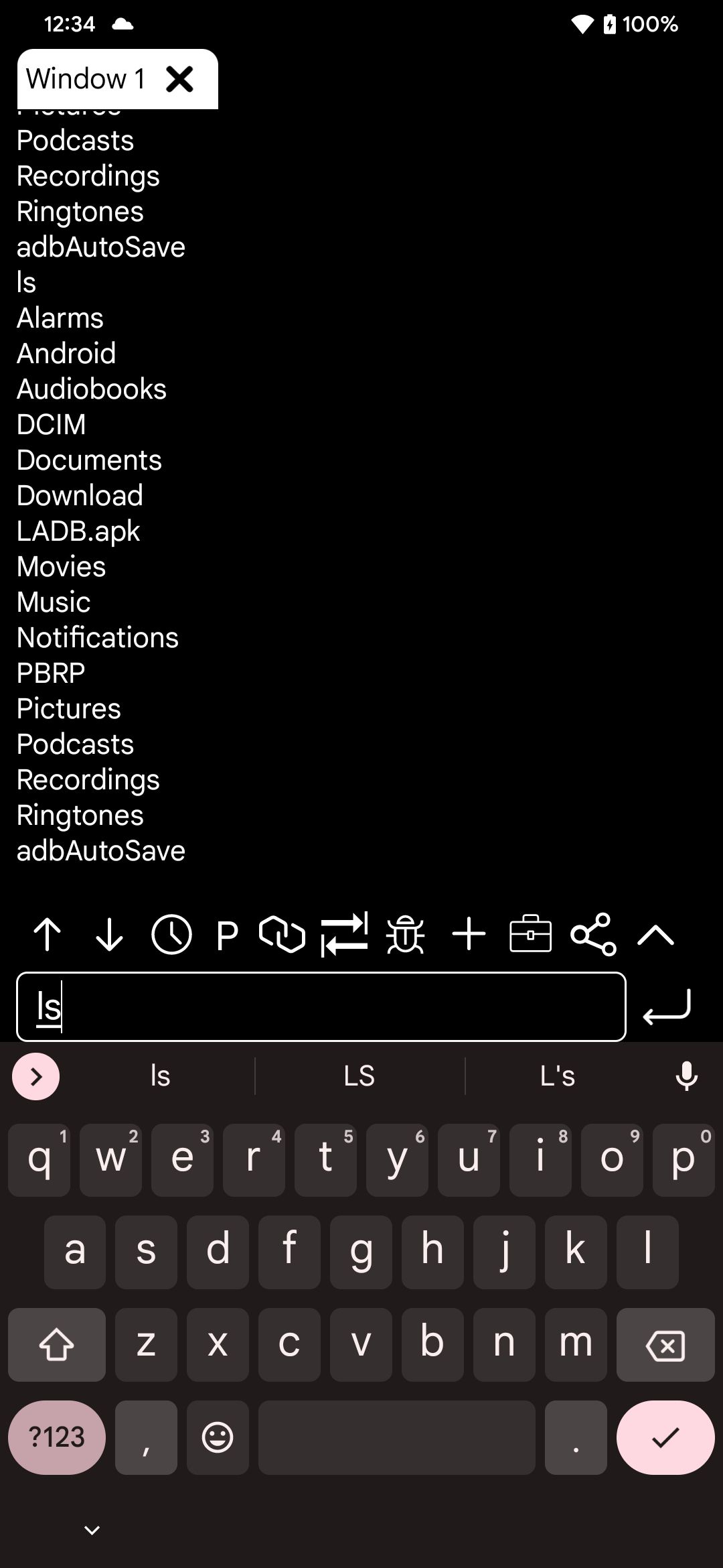 ls command on adb shell app terminal screen