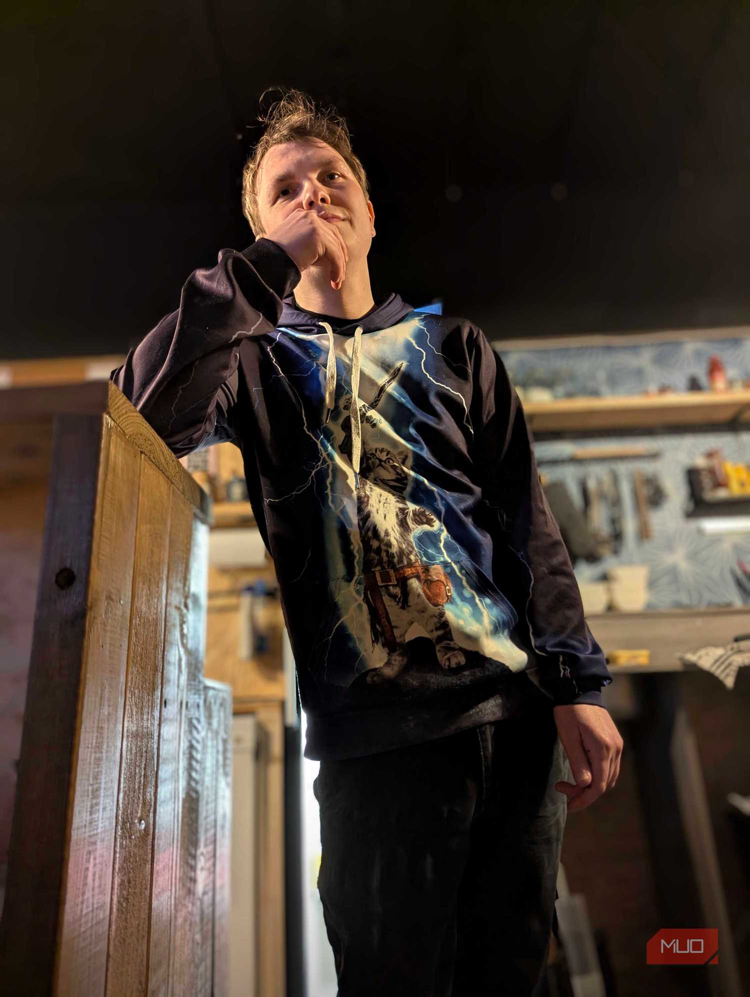 A low-angle shot of a human