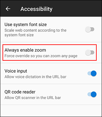 Включите Always Enable Zoom в Firefox на Android