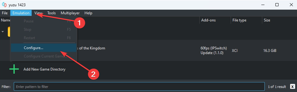 Параметры эмуляции Yuzu — меню Configure