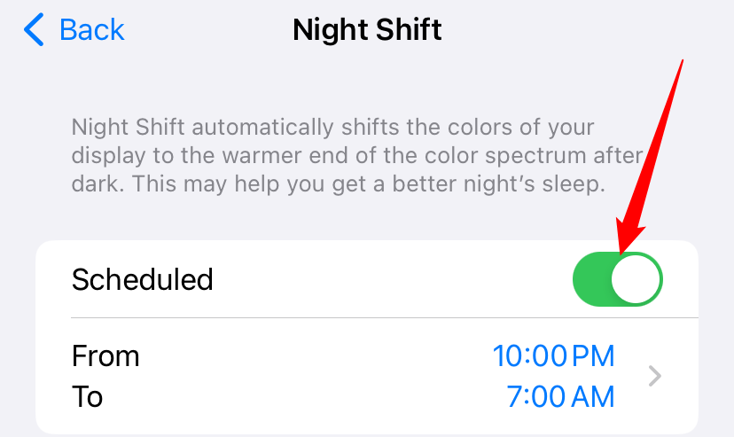 Отключите расписание Night Shift, чтобы режим не включался автоматически.