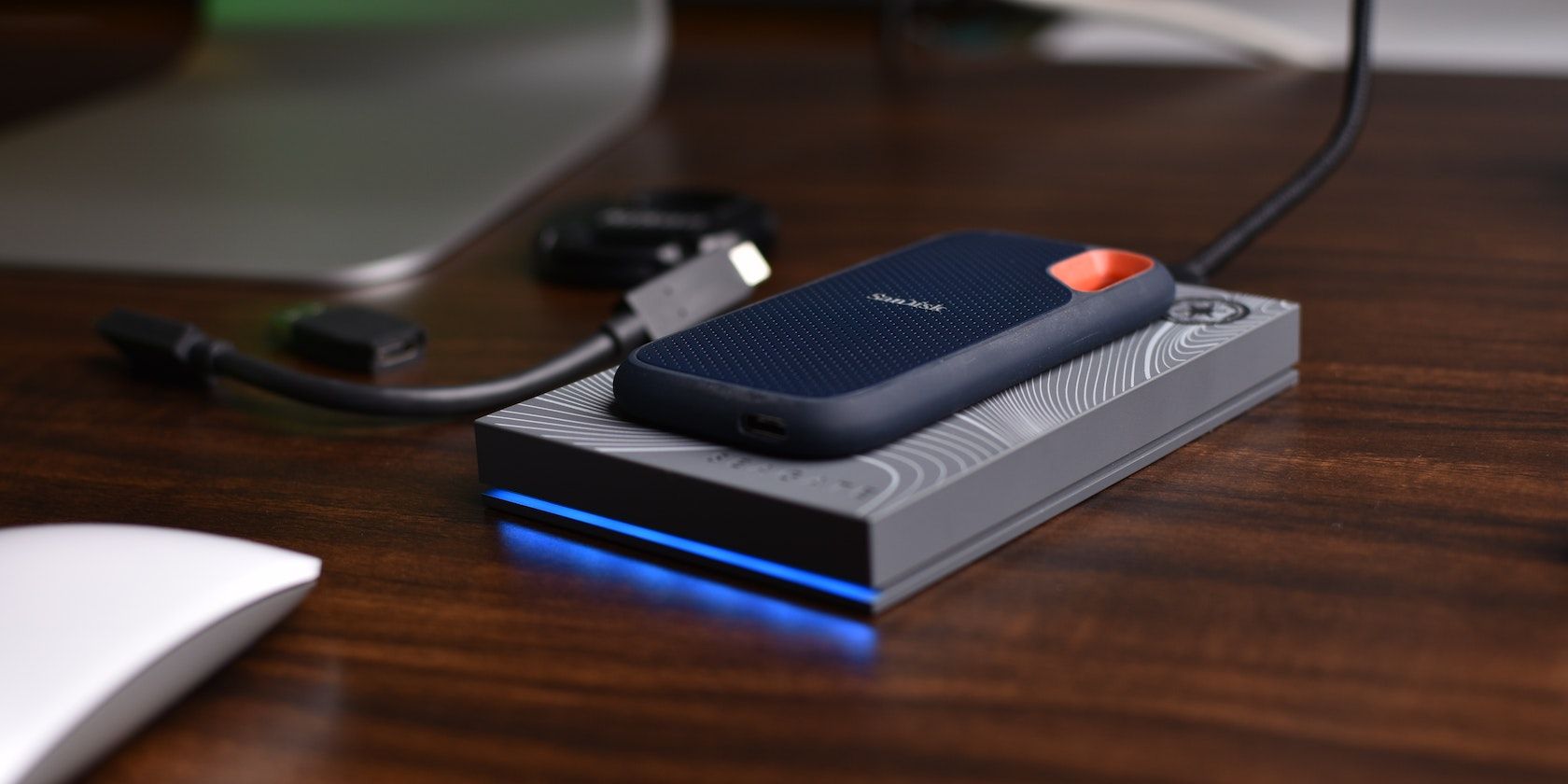 USB storage external SSD on a desk