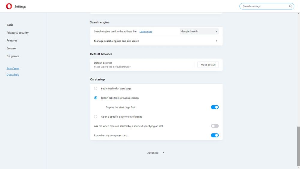Настройки Opera, показывающие раздел Дополнительно
