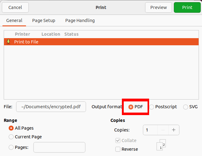 Диалог печати с выбранной опцией PDF