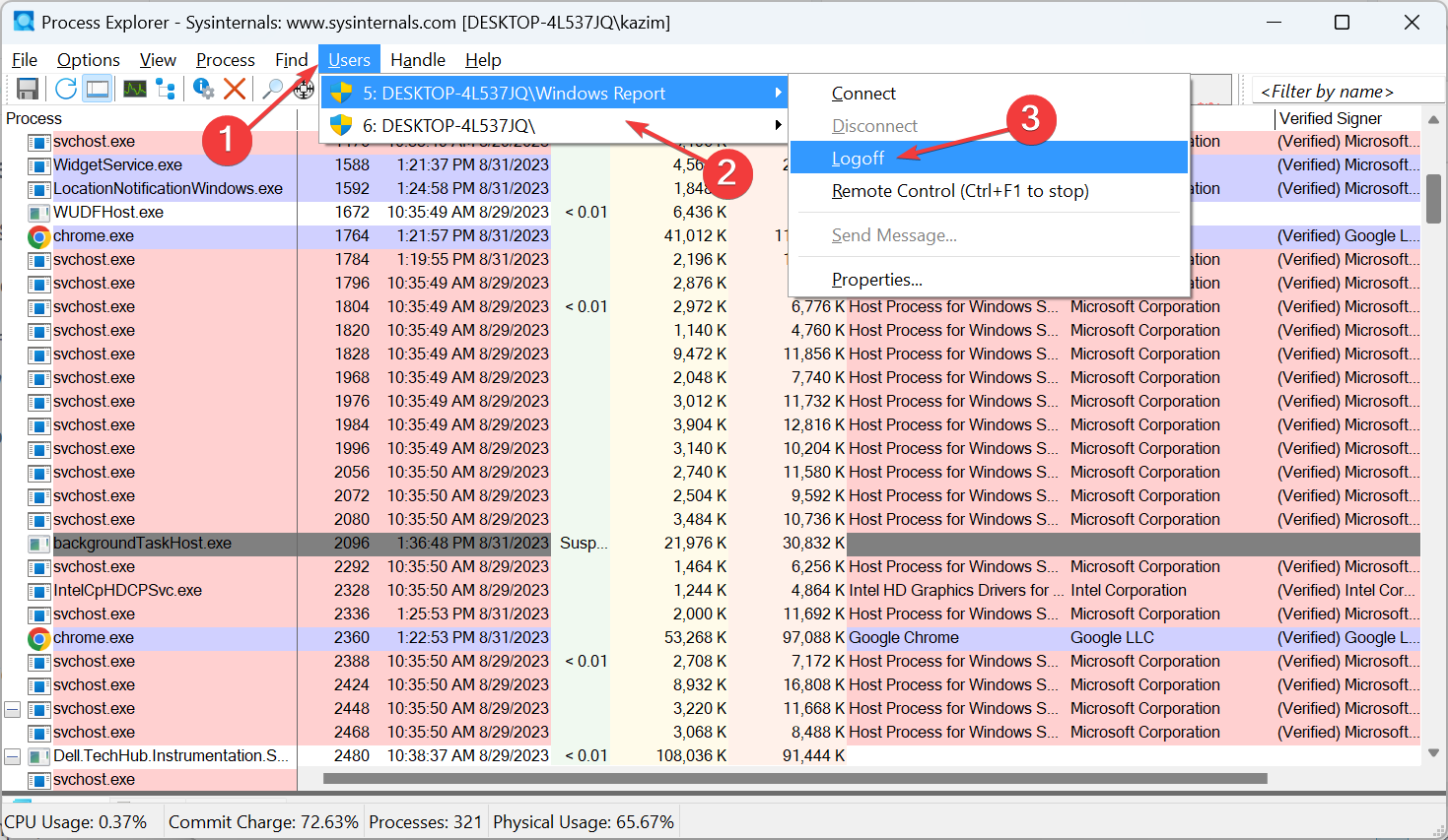 Процесс: в меню Users утилита Process Explorer — команда «Logoff»