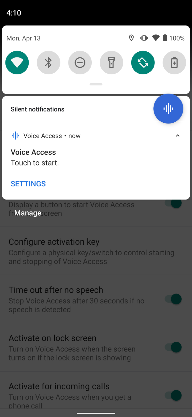 Меню уведомлений Voice Access