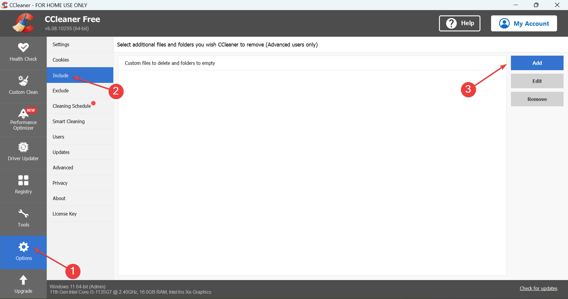 добавить в CCleaner