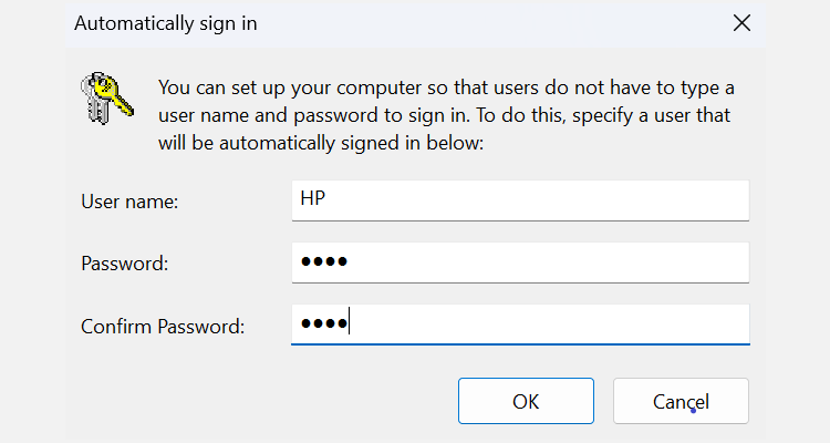 Диалог ввода пароля для отключения обязательного входа через Netplwiz