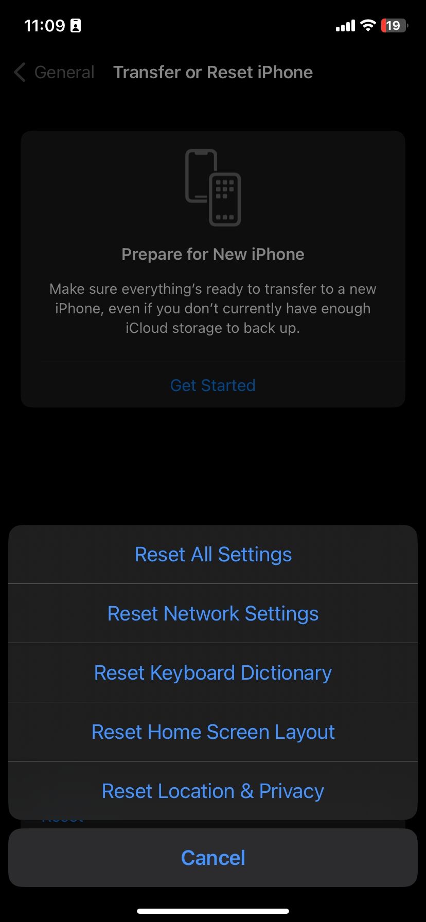 Меню с вариантами сброса на iPhone