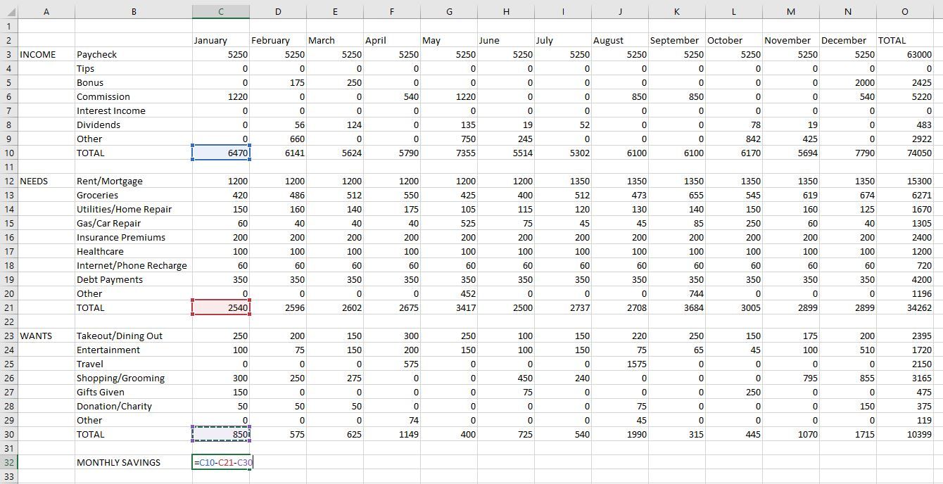 Нахождение ежемесячных сбережений в личном бюджете Excel
