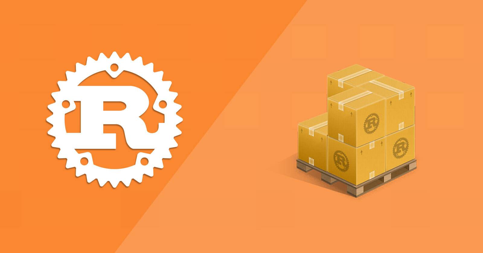Логотип Rust рядом с иллюстрацией стопки ящиков с логотипом