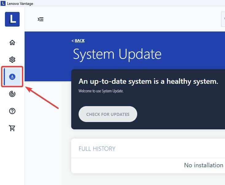 Окно Lenovo Vantage: раздел Обновление системы