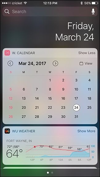 Центр уведомлений iPhone со страницей виджетов