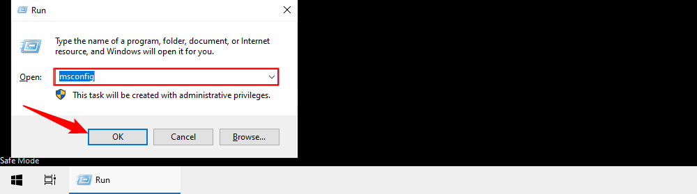 Введите msconfig в окне Выполнить