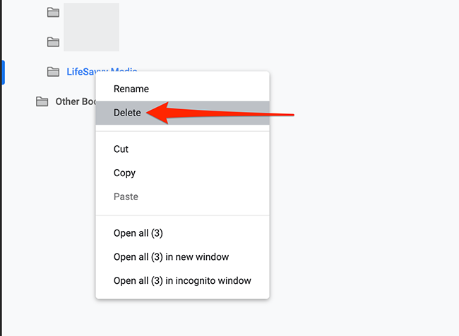 Удаление папки закладок в диспетчере закладок Chrome