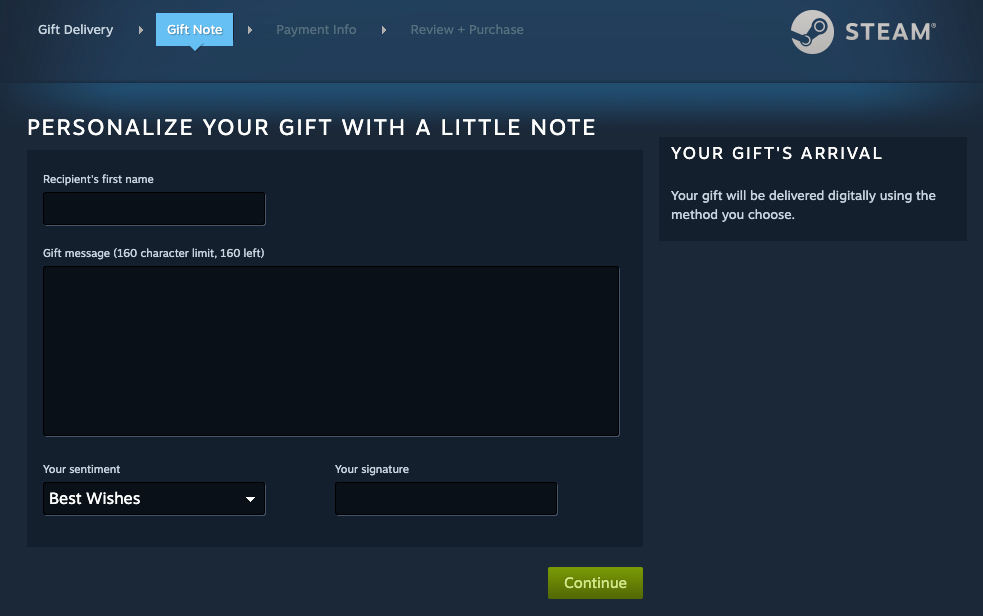 Форма подарочной записки в Steam с полем для имени и сообщения.