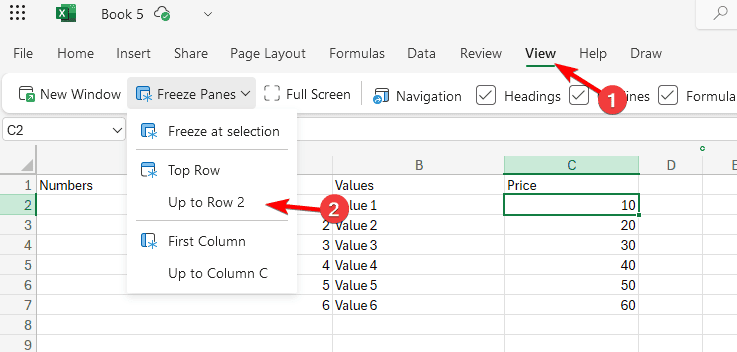 Пункт меню «Закрепить до строки 2» в Excel