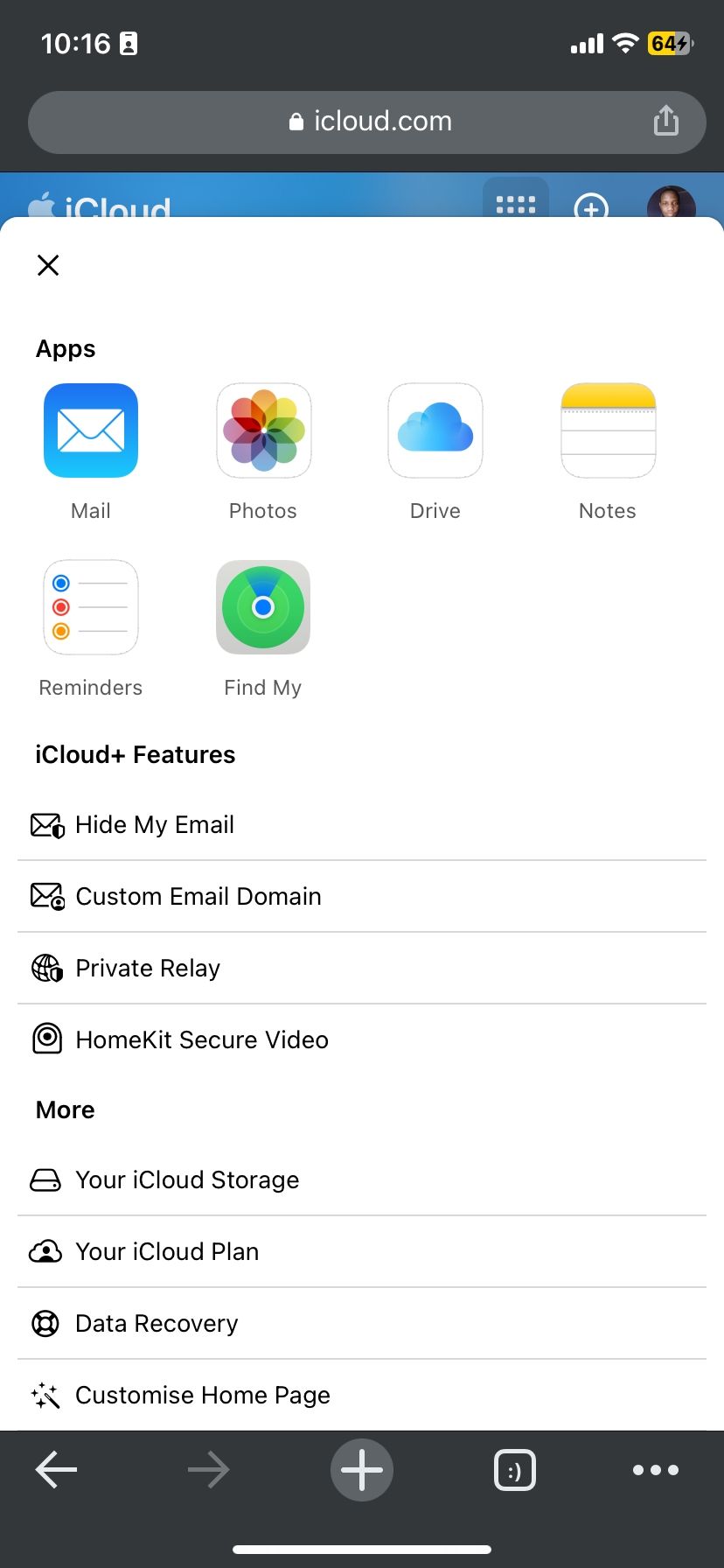 Меню iCloud.com на мобильном устройстве