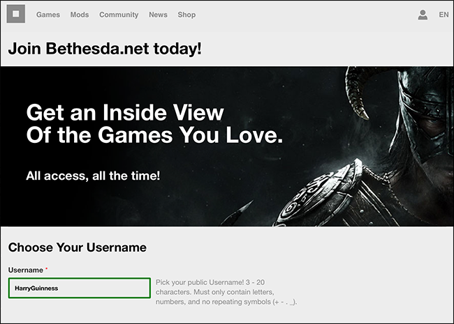Экран регистрации аккаунта Bethesda.net
