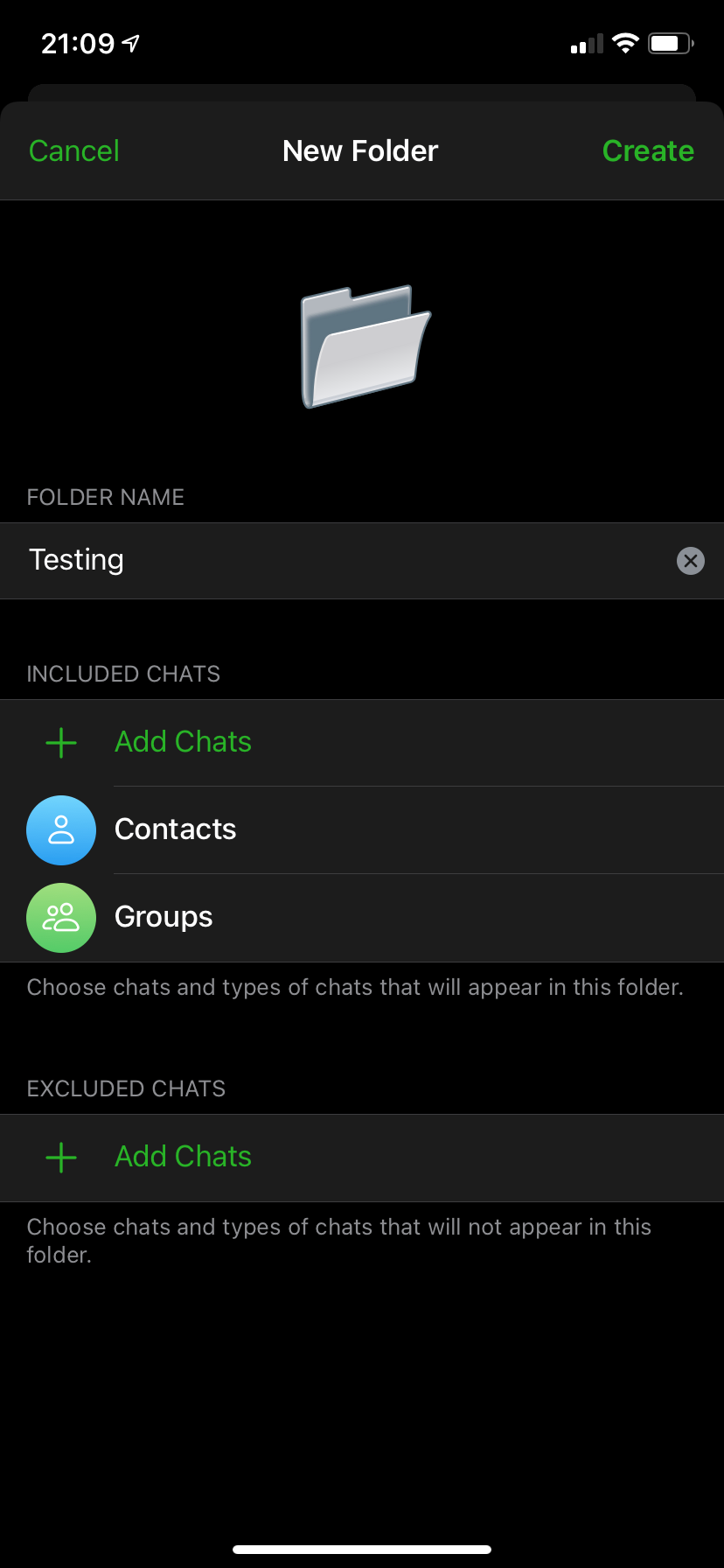 Скриншот: пример выбранных чатов для папки