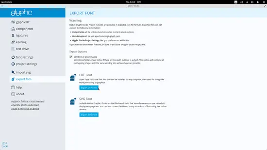 Exportdialog mit Optionen für TrueType und SVG Export