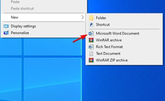 Меню «Новый» на рабочем столе с элементами Office